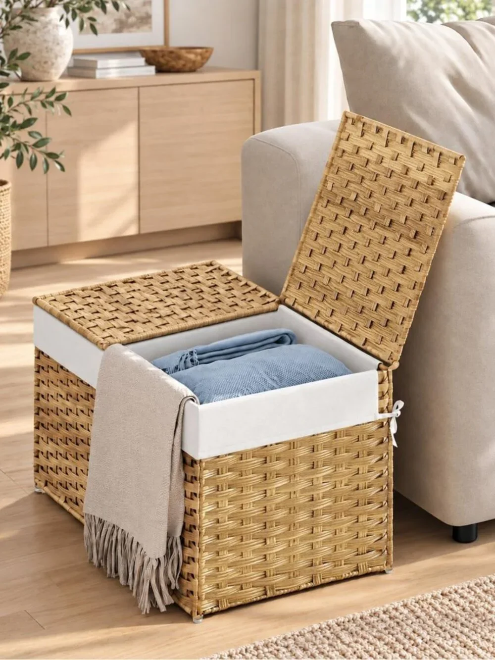 Stylish Rattan Storage Basket with Lid, 2-Pack Natural Woven Bins for Organizing
